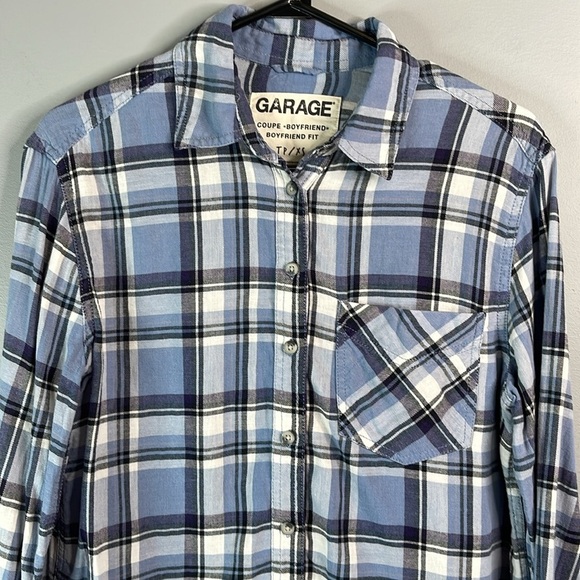 GARAGE Boyfriend Fit Plaid Brushed Cotton Shirt Blues Long Sleeve Button Up XS - Picture 3 of 13